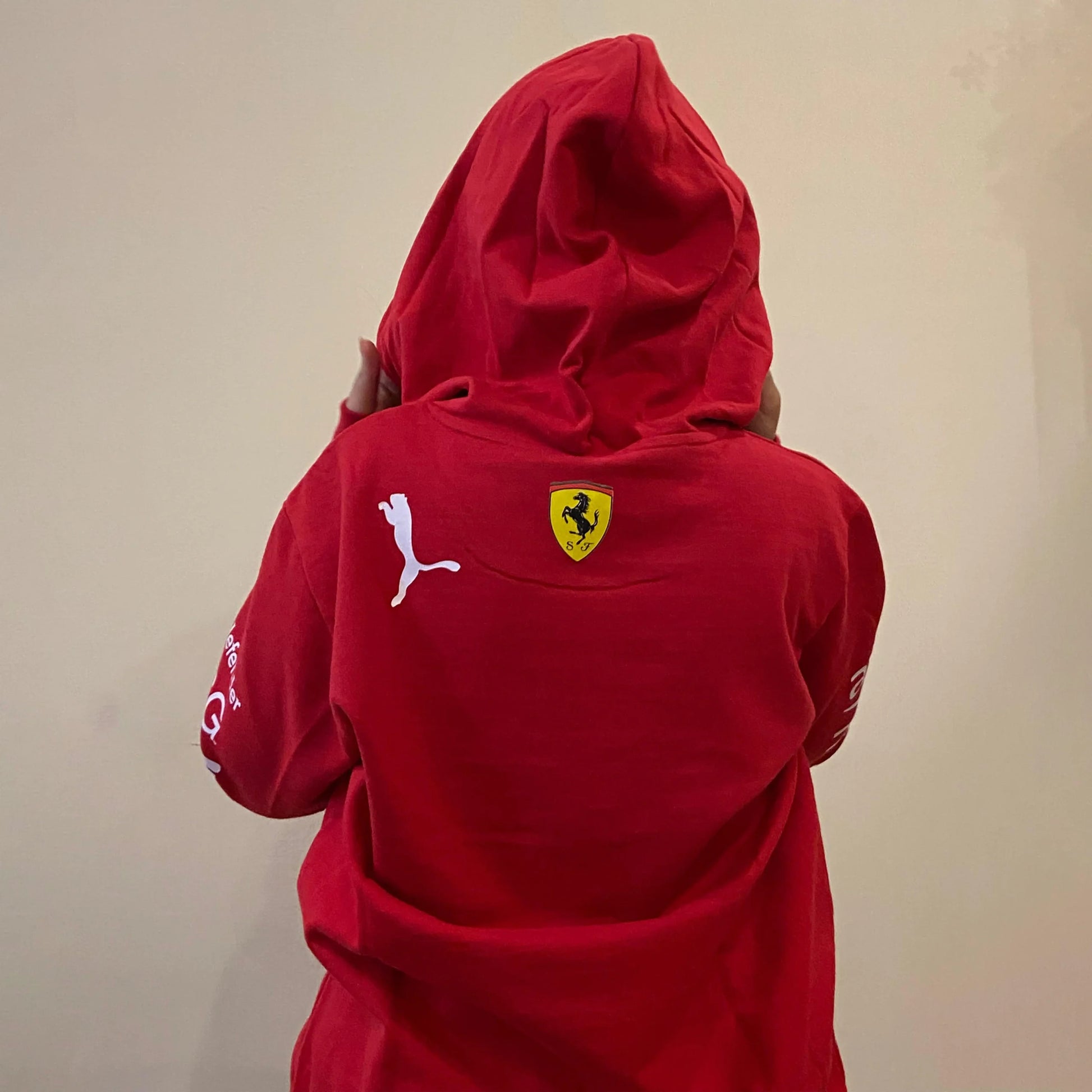 Unisex red Ferrari racing hoodie with team and sponsor prints on chest and sleeves.