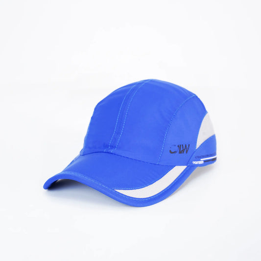 Blue cap with white accents on a light gray background