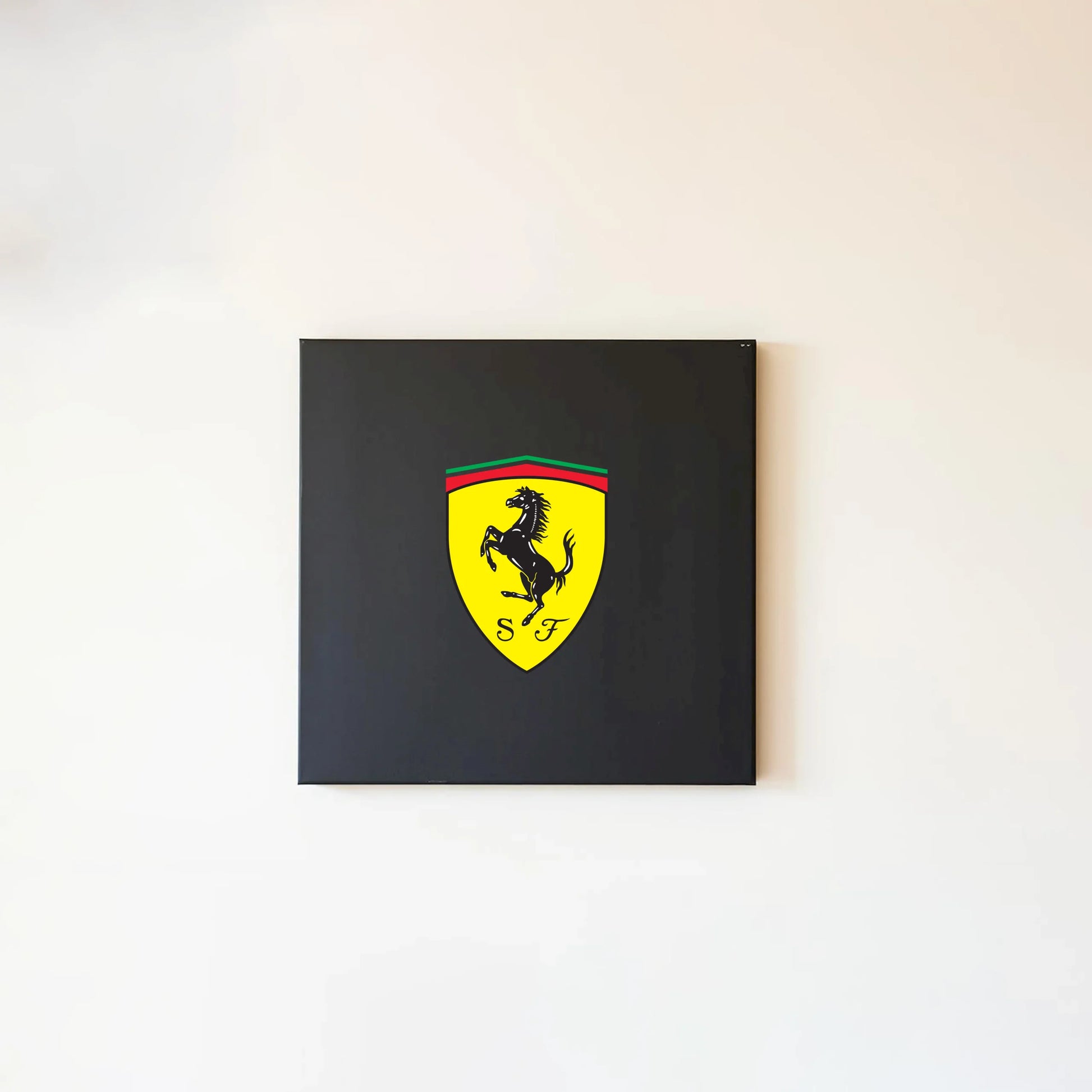 A black canvas with the Ferrari logo printed in the center.