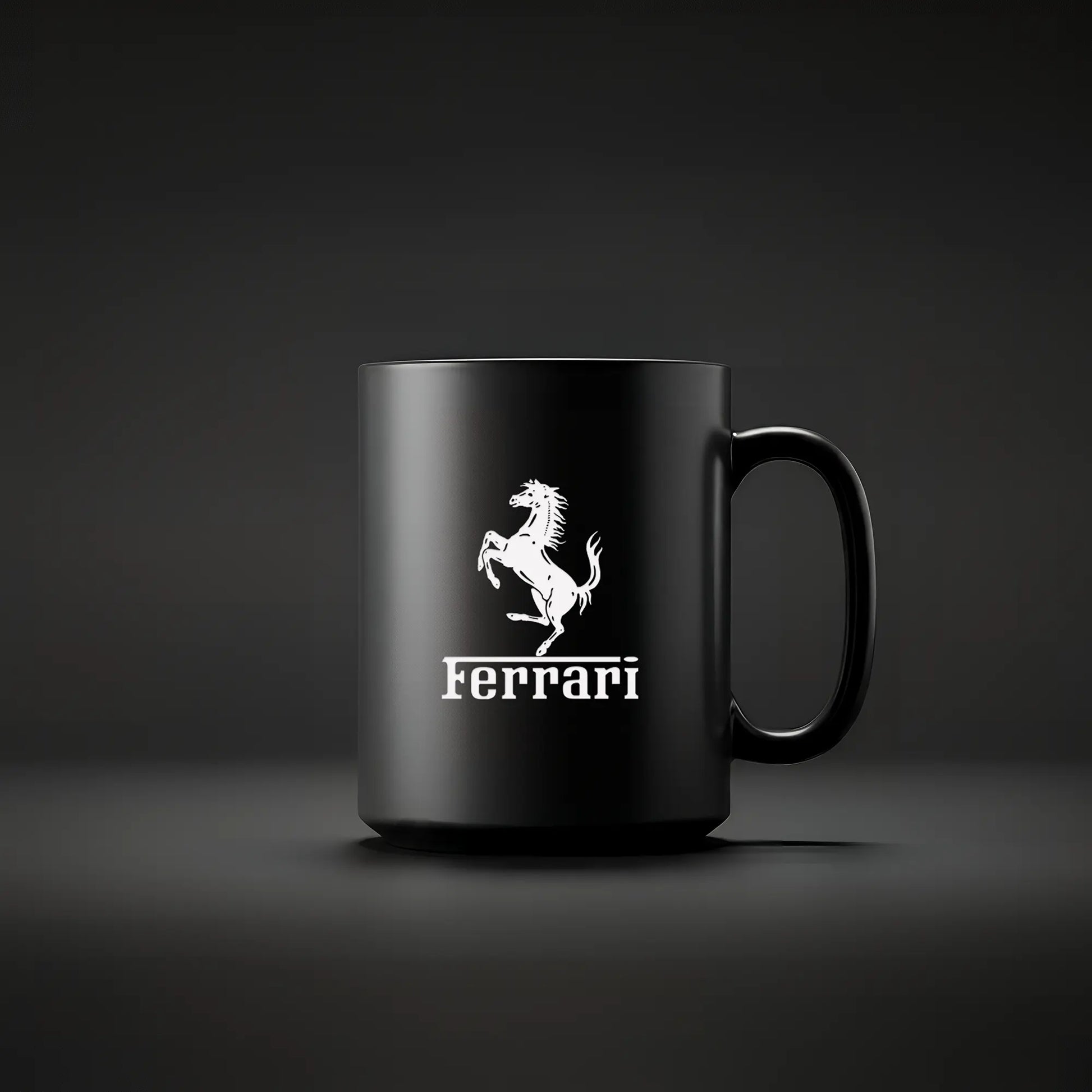 Black mug with Ferrari logo on a dark background