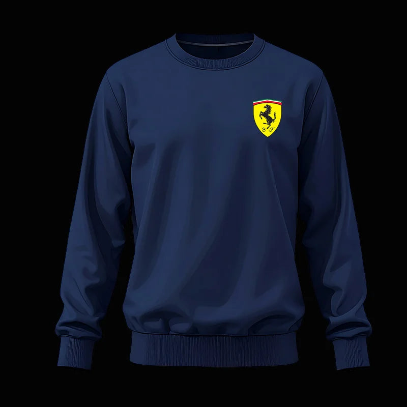 Navy blue sweatshirt with a yellow and red logo on a black background