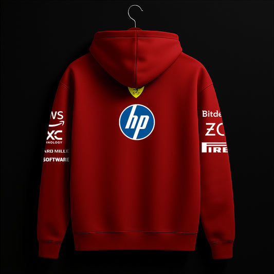 Red hoodie with HP logo on a black background