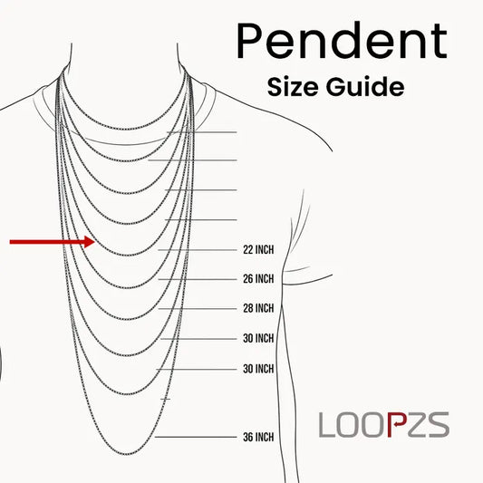 A size guide diagram showing a line drawing of a neck and upper chest with multiple pendant chain lengths labeled in inches, including 22, 26, 28, 30, and 36 inch measurements. A red arrow points to one of the chain layers.