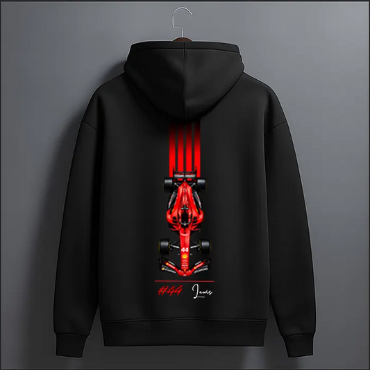 Black number 44 red racing car stripes graphic hoodie with script signature – back view, The Loopzs
