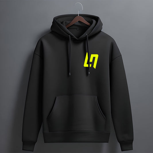 Black hoodie with Lando Norris' 'LN' logo on the front, featuring a kangaroo pocket and drawstrings.