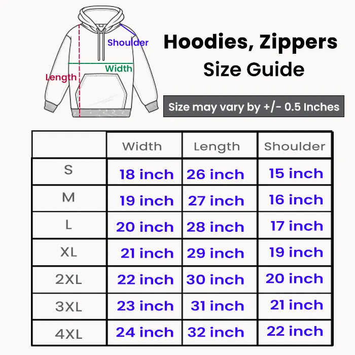 Size guide for hoodies and zippers with measurements labeled.Sizes are small, medium, large, XL , 2XL, 4XL