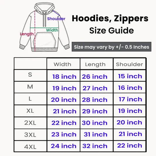 Size guide for hoodies and zippers with measurements labeled.Sizes are small, medium, large, XL , 2XL, 4XL