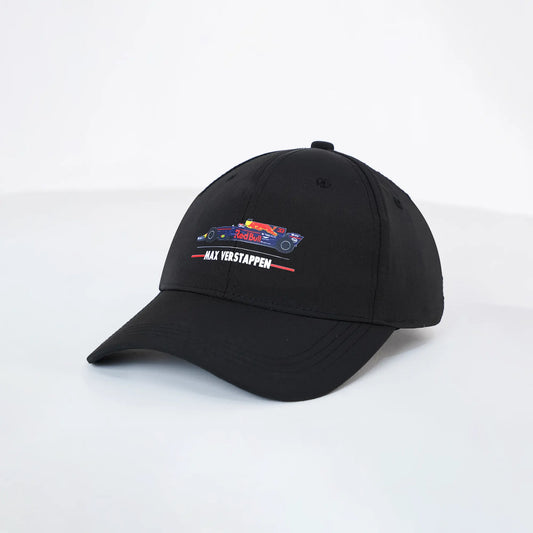 Black cap with a logo and text on a white background