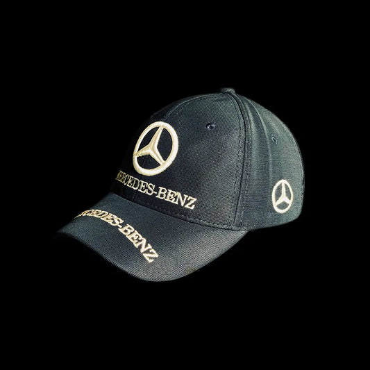 Black Mercedes-Benz cap with logo and text on a black background