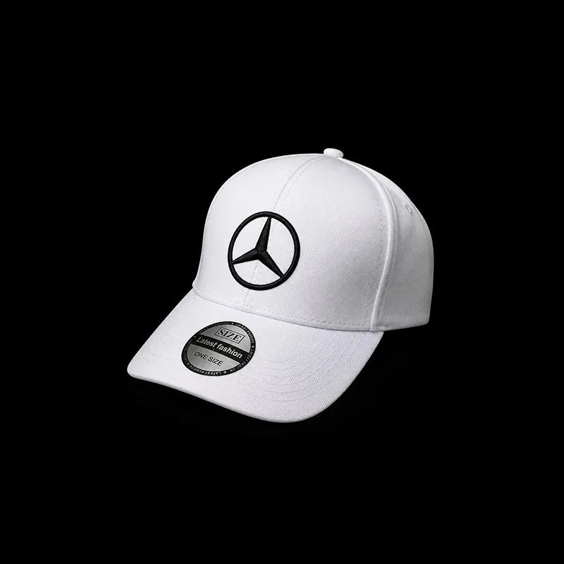White cap with Mercedes-Benz logo on a black background