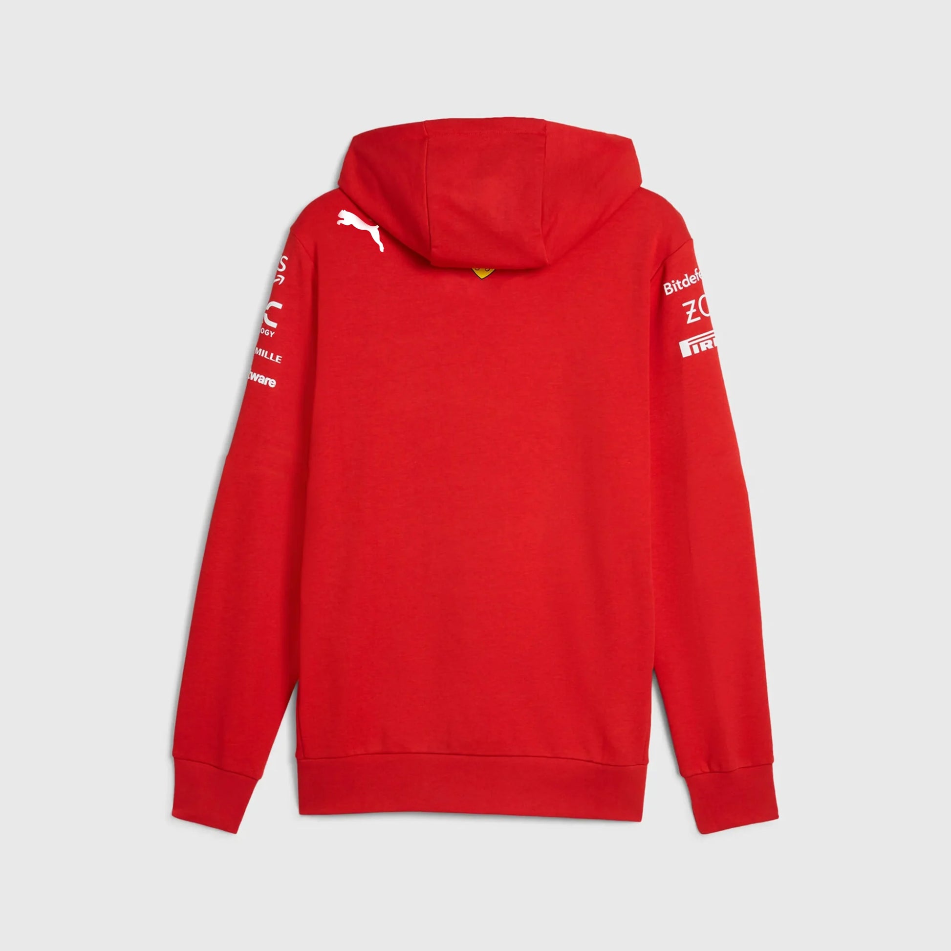 Official Scuderia Ferrari Formula 1 red hoodie featuring sponsor branding and front pocket.