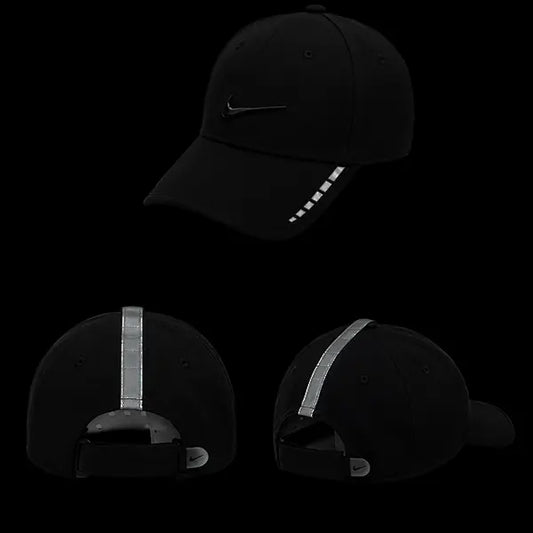 Black cap with reflective strip from different angles on a black background