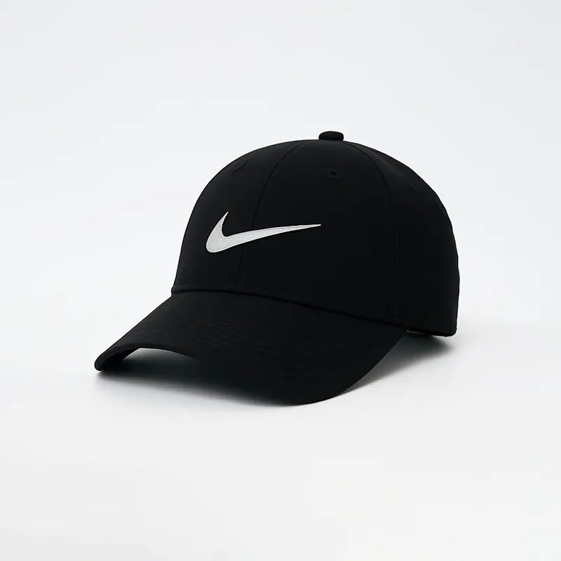Black cap with a white logo on a light gray background