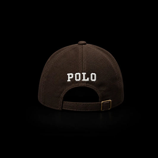 Ralph Lauren Polo brand brown baseball cap shown from the back, featuring white embroidered 'POLO' text and a gold-tone buckle on a solid black background.