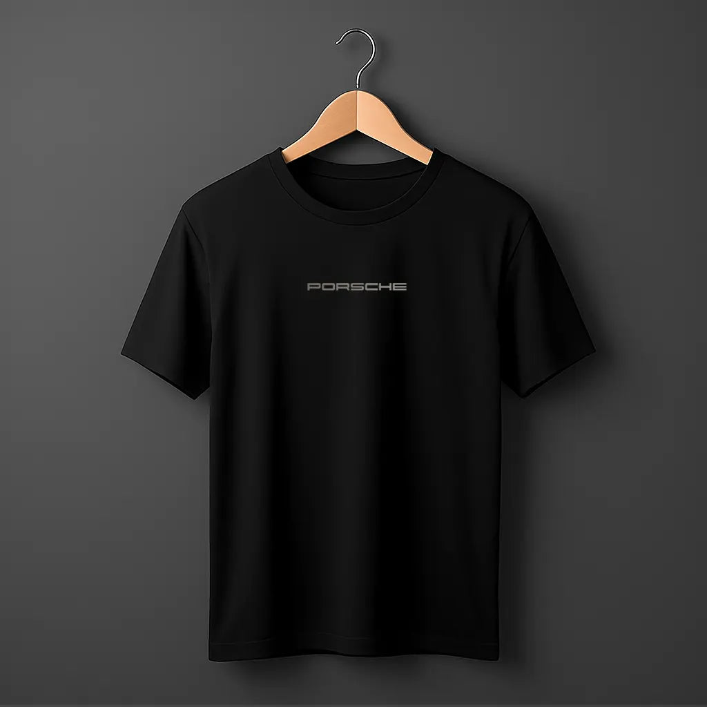 Detailed Porsche car blueprint printed on black cotton T-Shirt – stylish automotive streetwear for men in Pakistan.