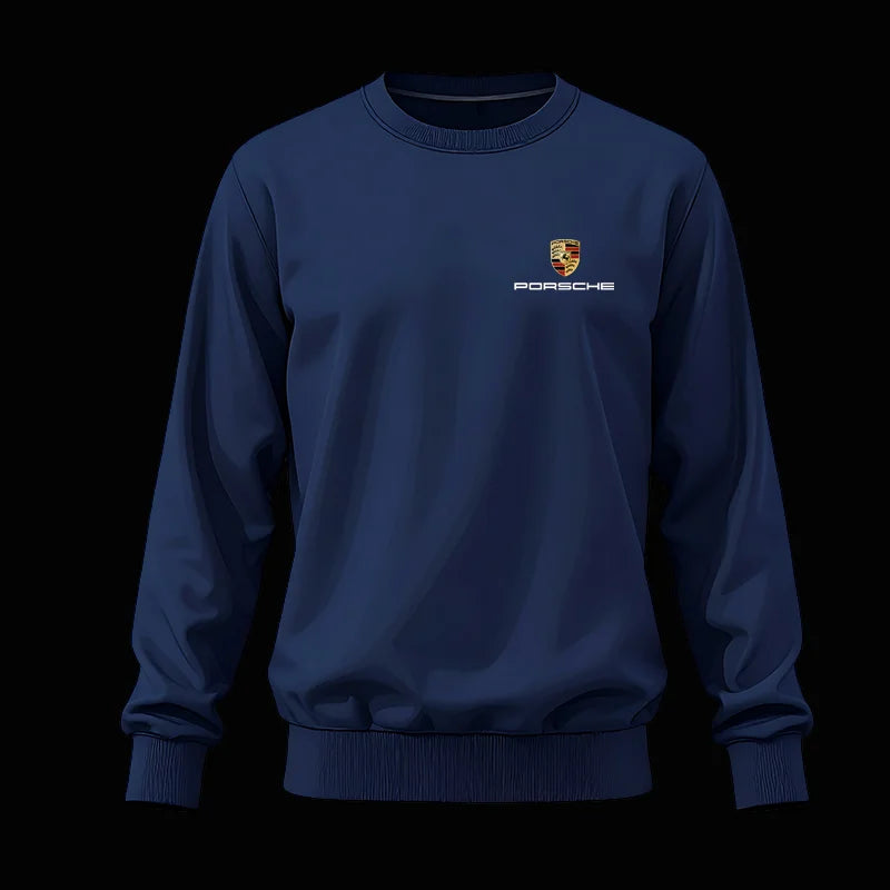 Navy blue sweatshirt with Porsche logo on a black background