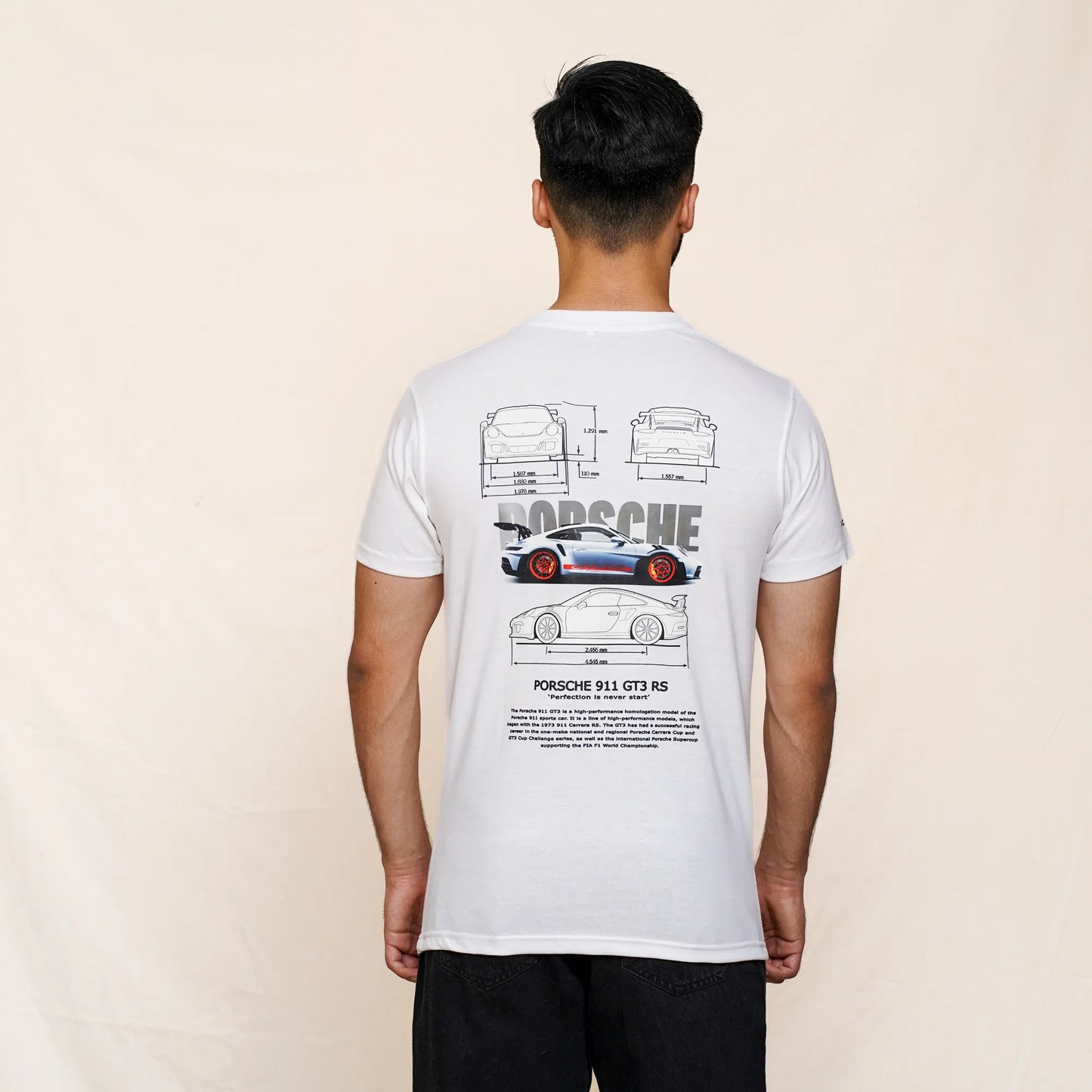 Detailed Porsche car blueprint printed on cotton White T-Shirt – stylish automotive streetwear for men in Pakistan.