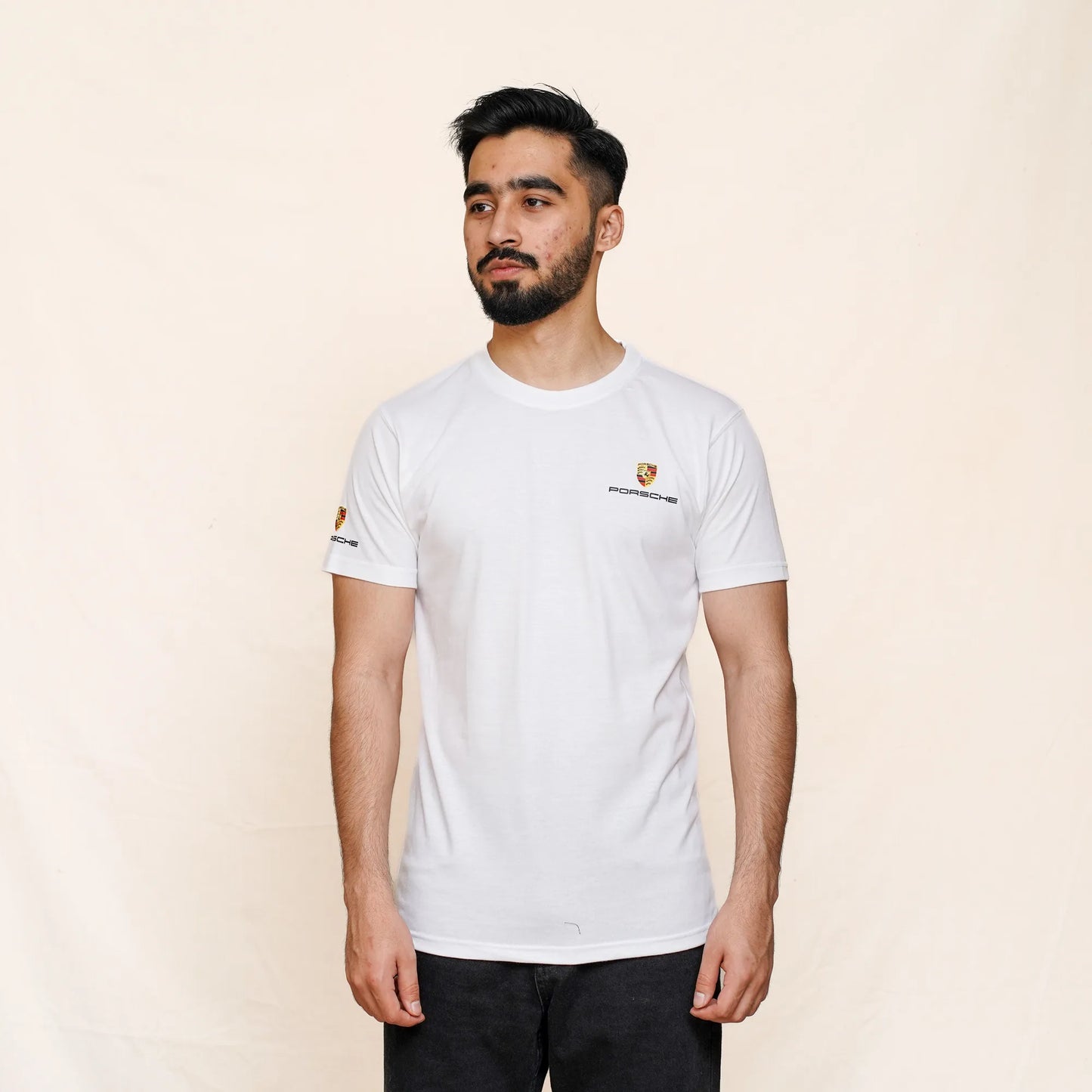 Porsche WhiteT-Shirt with car blueprint design and sports car graphic – premium cotton tee for men Pakistan.