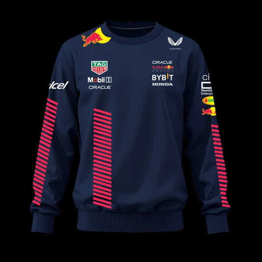 Navy blue sweatshirt with red accents and various brand logos on a black background