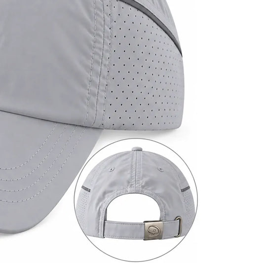 Light gray athletic cap shown in a close-up detail view, featuring perforated side panels, curved brim stitching, and an inset circular back view with an adjustable strap and metal buckle.