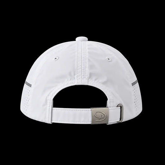 White athletic cap shown from the back, featuring a curved back design, adjustable strap with a silver metal buckle, and perforated side details, set against a solid black background.