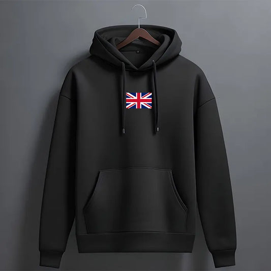Black hoodie with small Union Jack flag print on front chest – front view, The Loopzs