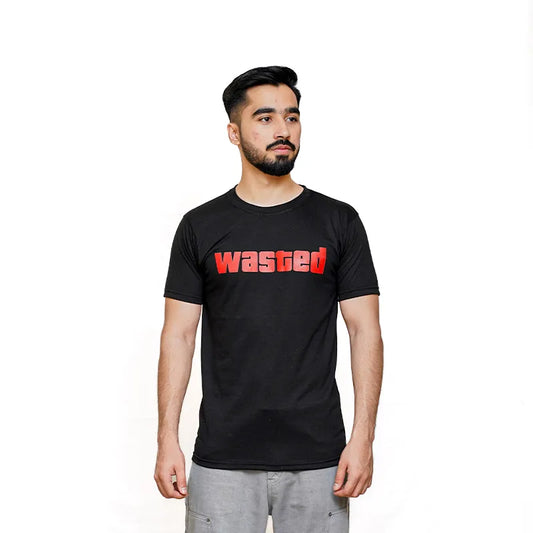 Black T-shirt with bold red ‘Wasted’ typography graphic on the front.