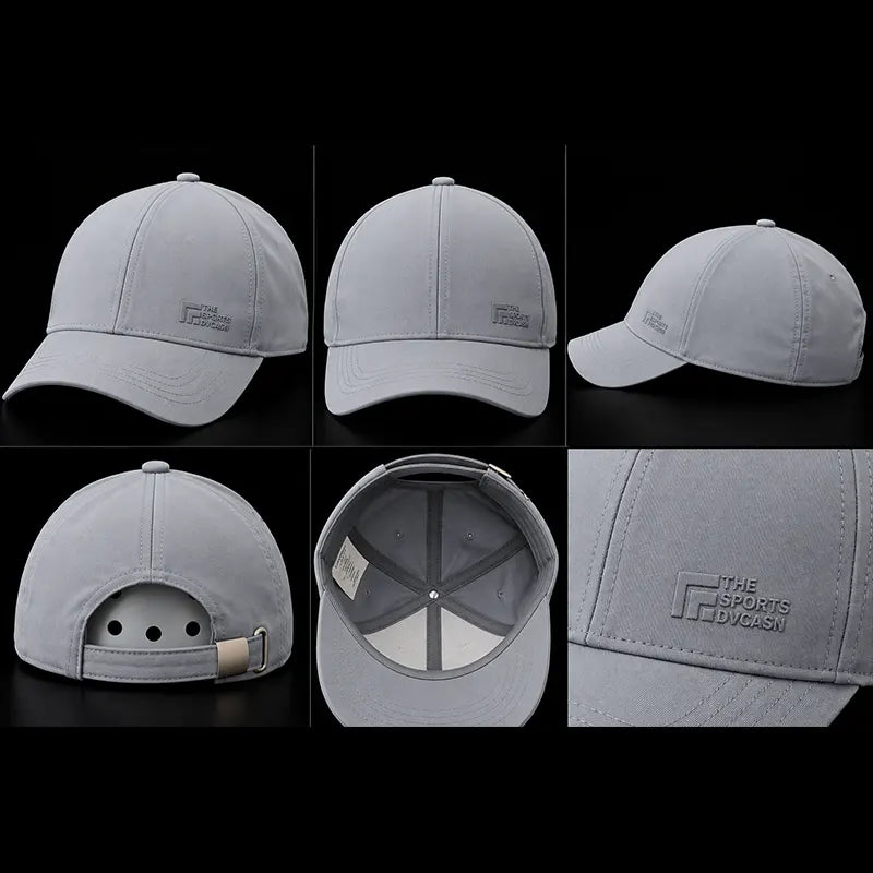 Grey adjustable baseball cap shown from front, side, back with metal buckle strap, inside and close-up of embossed logo