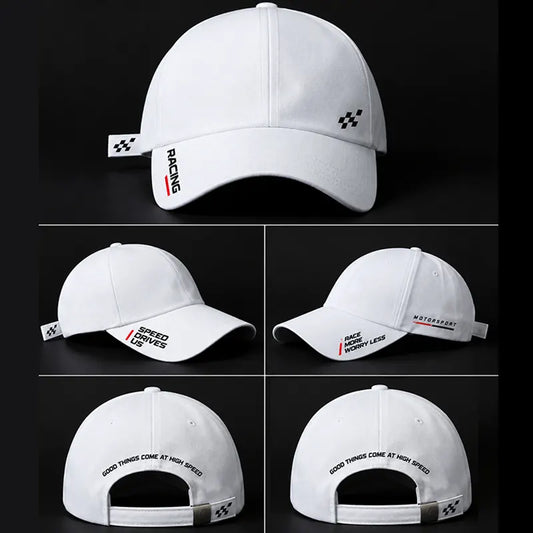 Motorsport racing cap in white galaxy fabric from all sides view