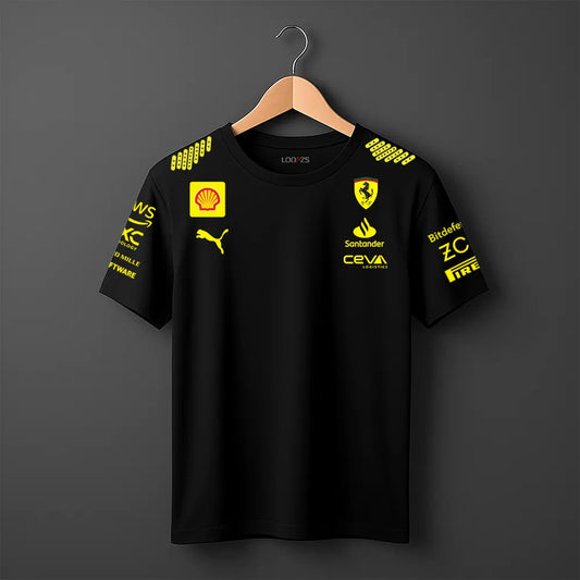 Ferrari Puma Black T-Shirt for men with yellow racing logos – premium F1 tee in Pakistan.