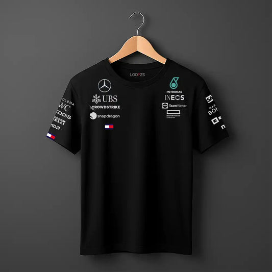 Front product photo of a men’s Black motorsport graphic T-shirt featuring Mercedes-inspired branding.