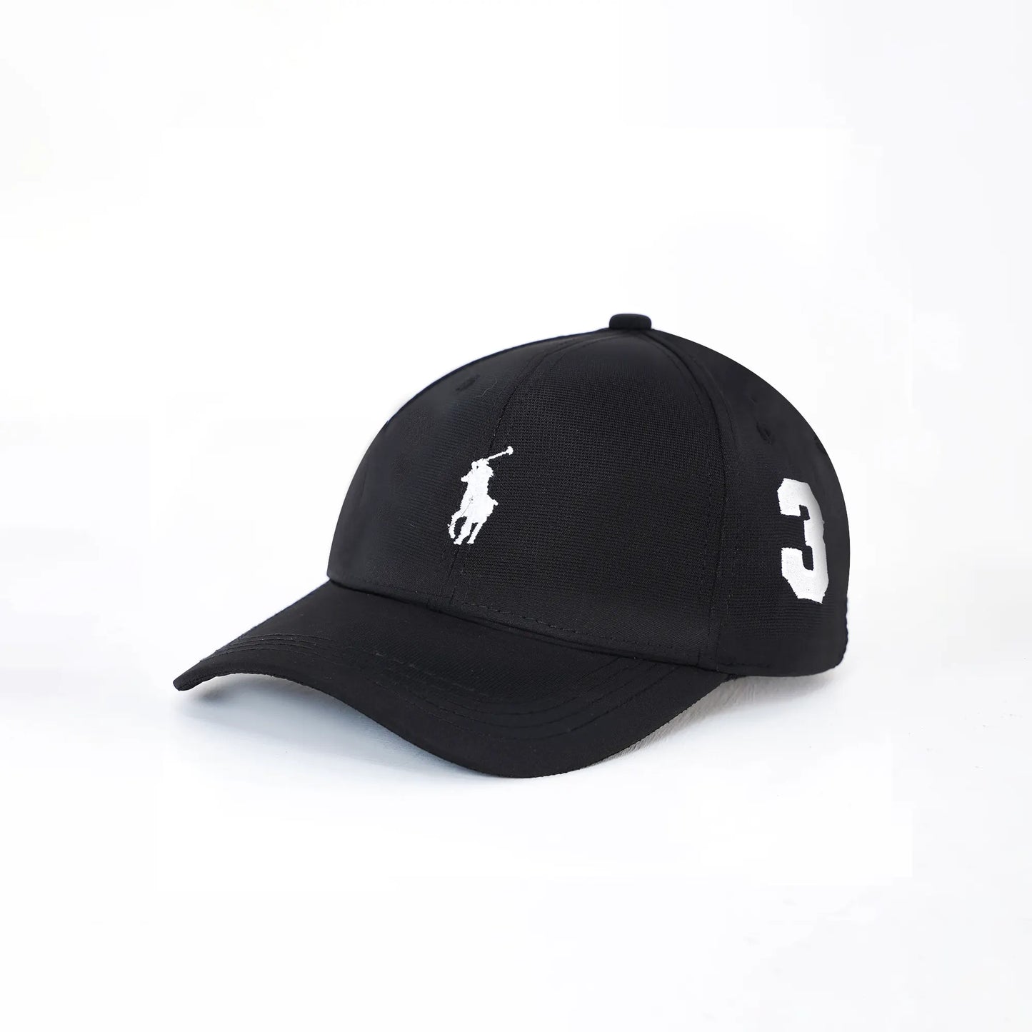 Front view of black Polo cap 2025 edition with white No.3 logo – premium F1 inspired hat in Pakistan