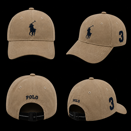 polo cap in beige color with 3 logo all sides embriodery