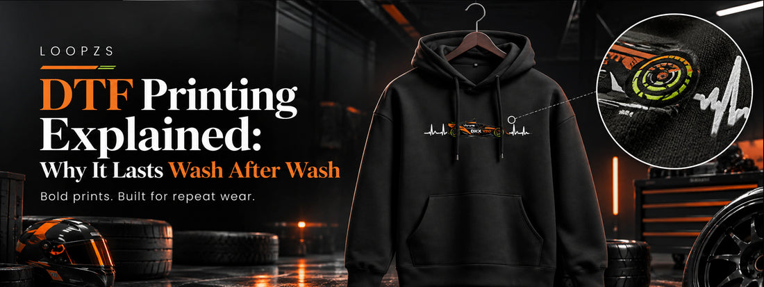 DTF printing explained: black hoodie with a bright racing-inspired print from The Loopzs