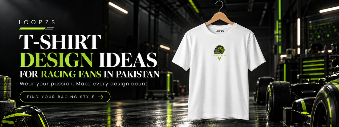 Racing T-shirt design ideas for fans in Pakistan: white racing tee on a pit-lane background from The Loopzs