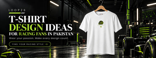 Racing T-shirt design ideas for fans in Pakistan: white racing tee on a pit-lane background from The Loopzs