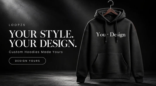 Black custom hoodie with Your Design print and the headline Your Style. Your Design. from The Loopzs