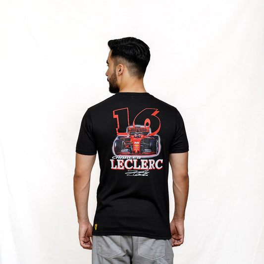 A person wearing a black short-sleeved t-shirt with '16' and 'LECLERC' text design on the back.