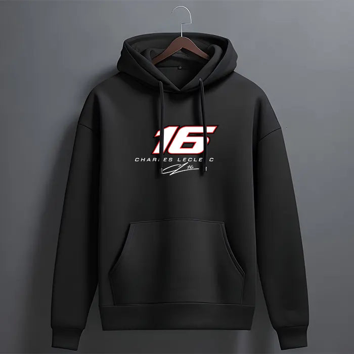 Black number 16 signature graphic hoodie with red and white number print – front view, The Loopzs