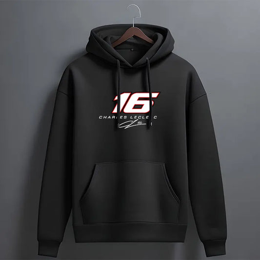 Black Charles Leclerc 16 signature graphic hoodie with red and white number print – front view, The Loopzs