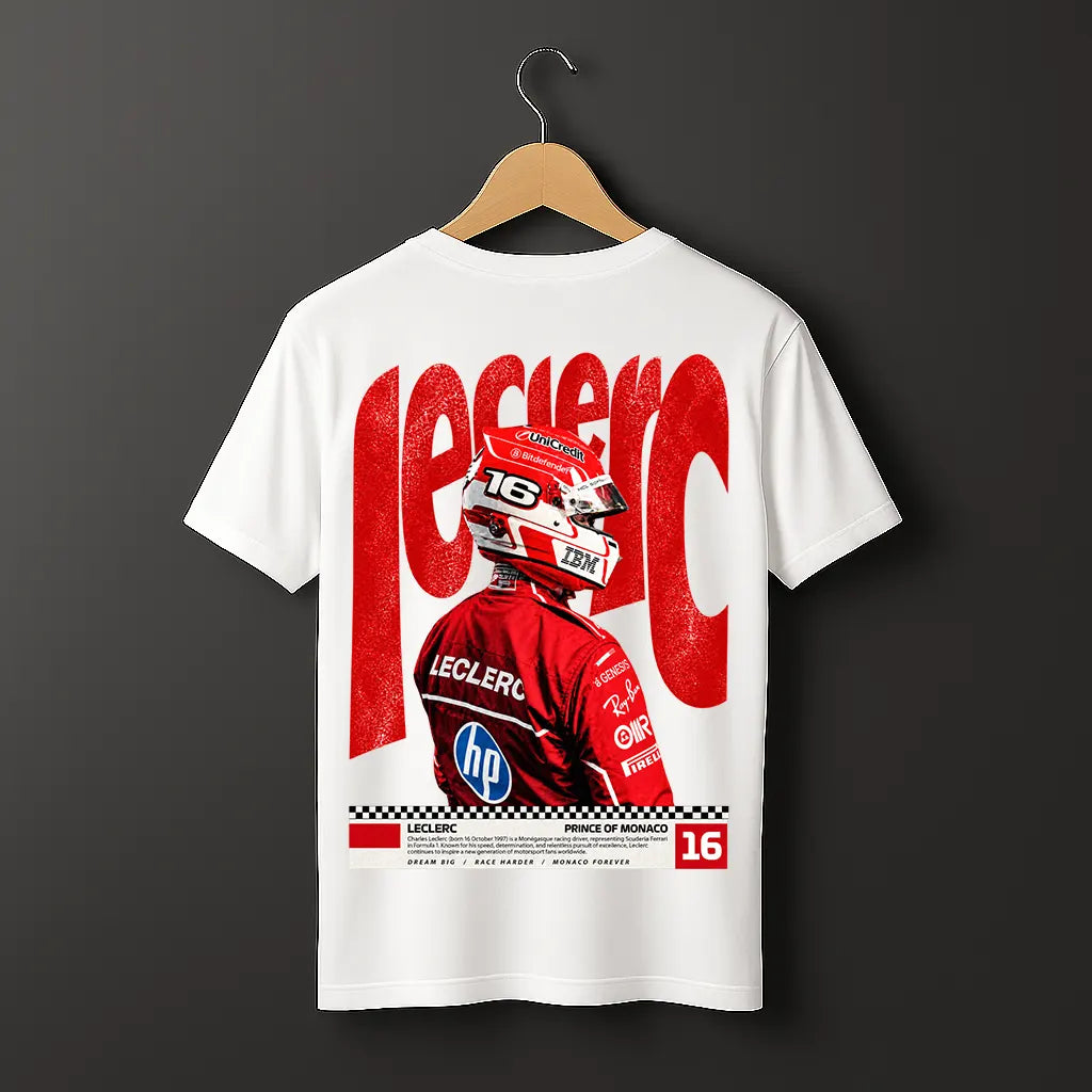 Charles Leclerc racing-inspired black T-shirt for F1 and motorsport fans in Pakistan