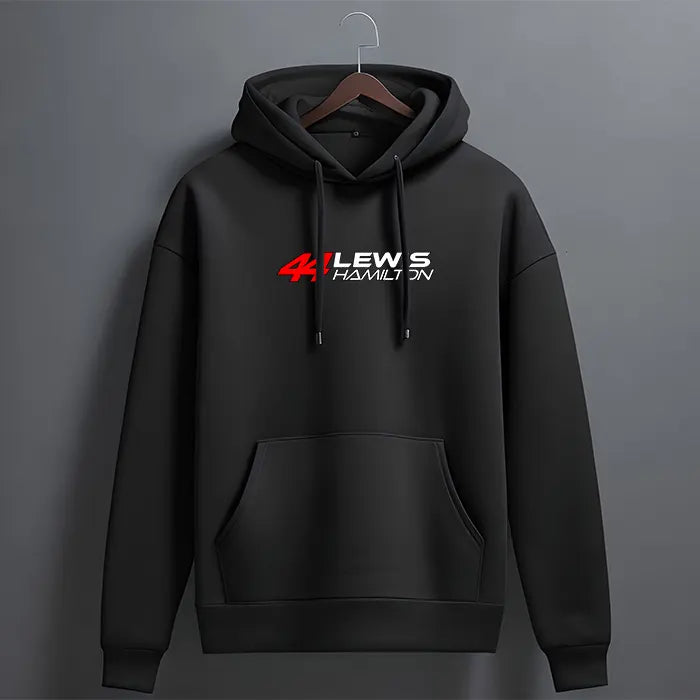 Black Lewis Hamilton 44 graphic hoodie with red number and white name print – front view, The Loopzs
