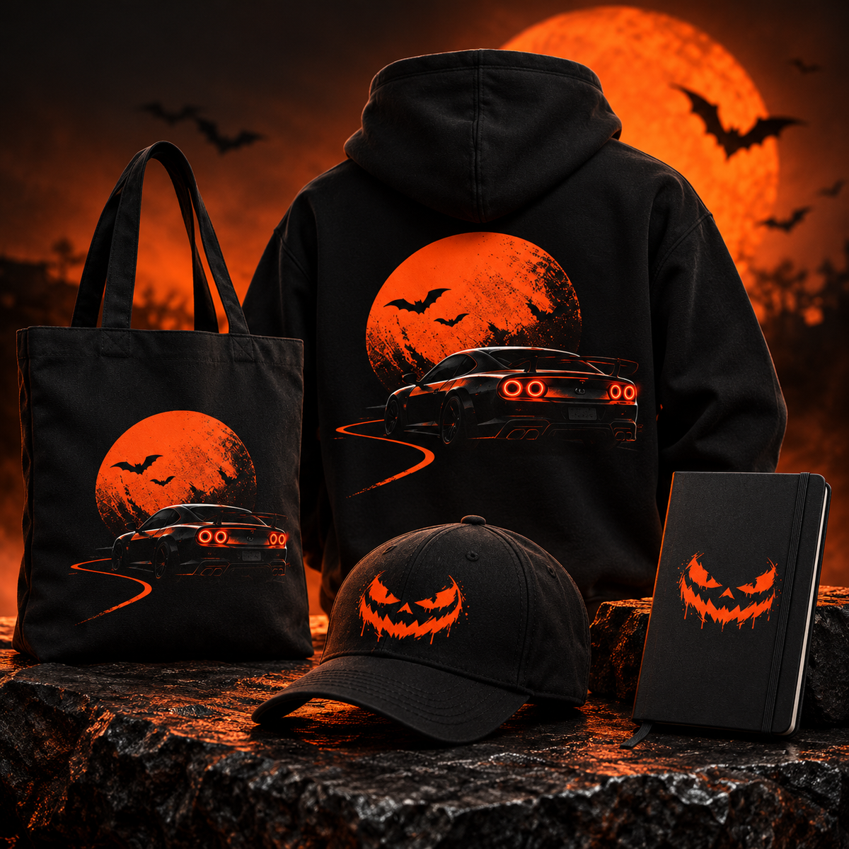 Loopzs Halloween gift box with black racing hoodie, tote bag, pumpkin face cap and notebook in orange and black under a full moon