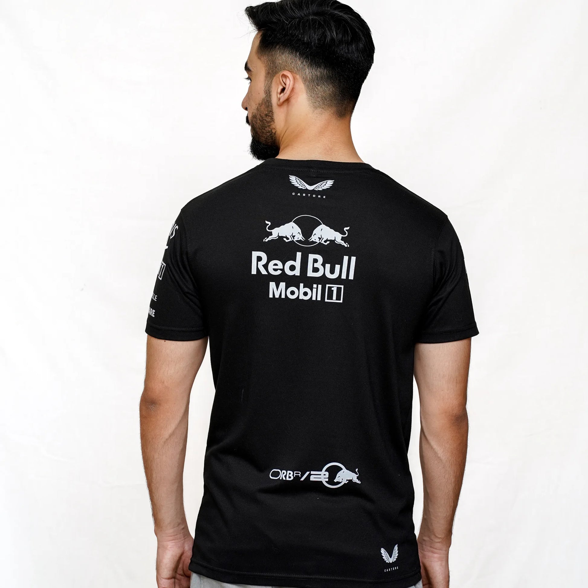 America race Verstappen Perez Red Bull tee in black with many logos on back right and left