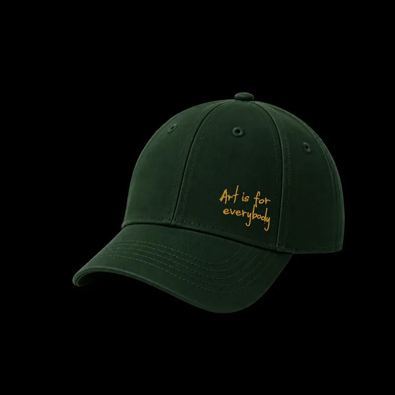 A dark green baseball cap with yellow embroidered text reading 'Art is for everybody' on the front, shown against a solid black background.