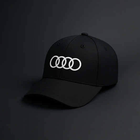 Black cap with white Audi logo on a dark background