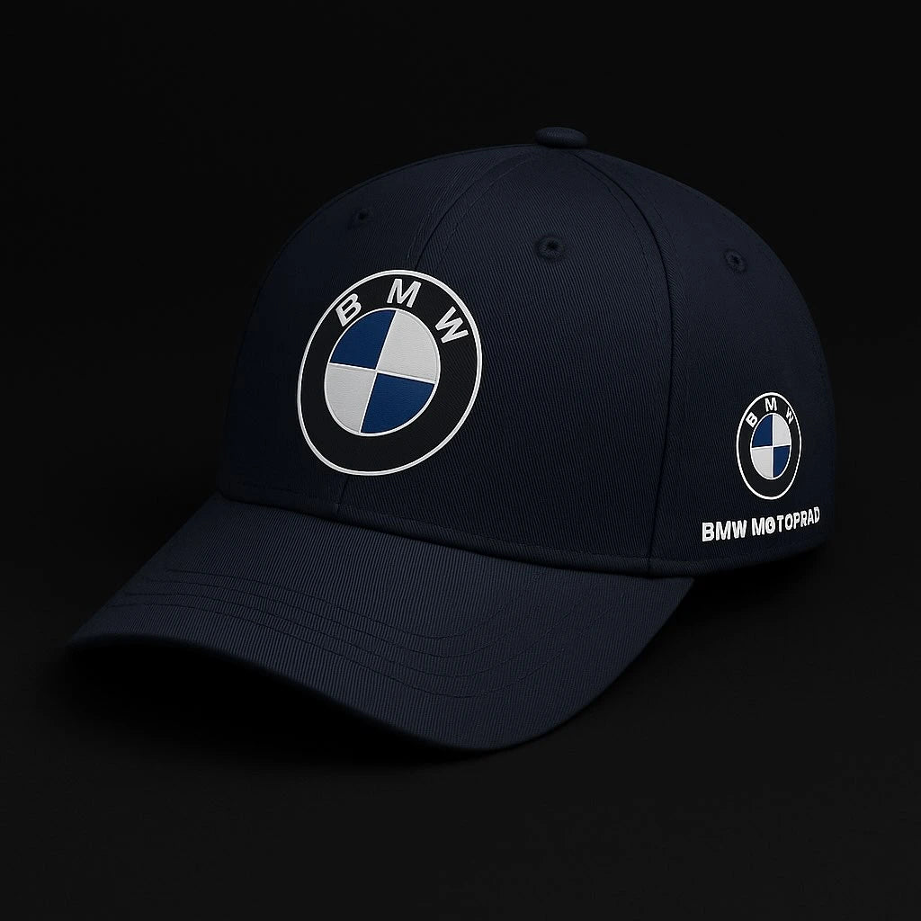 Navy blue cap with BMW logo on a black background