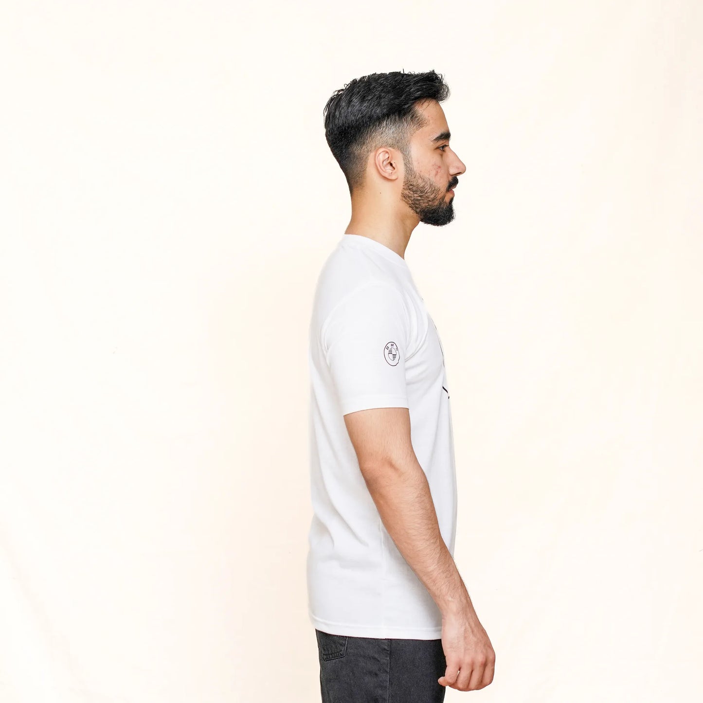 BMW Core Contrast Symbol tshirt in white side view of sleeve.