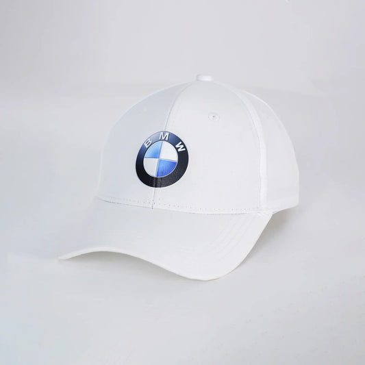 White cap with BMW logo on a light gray background