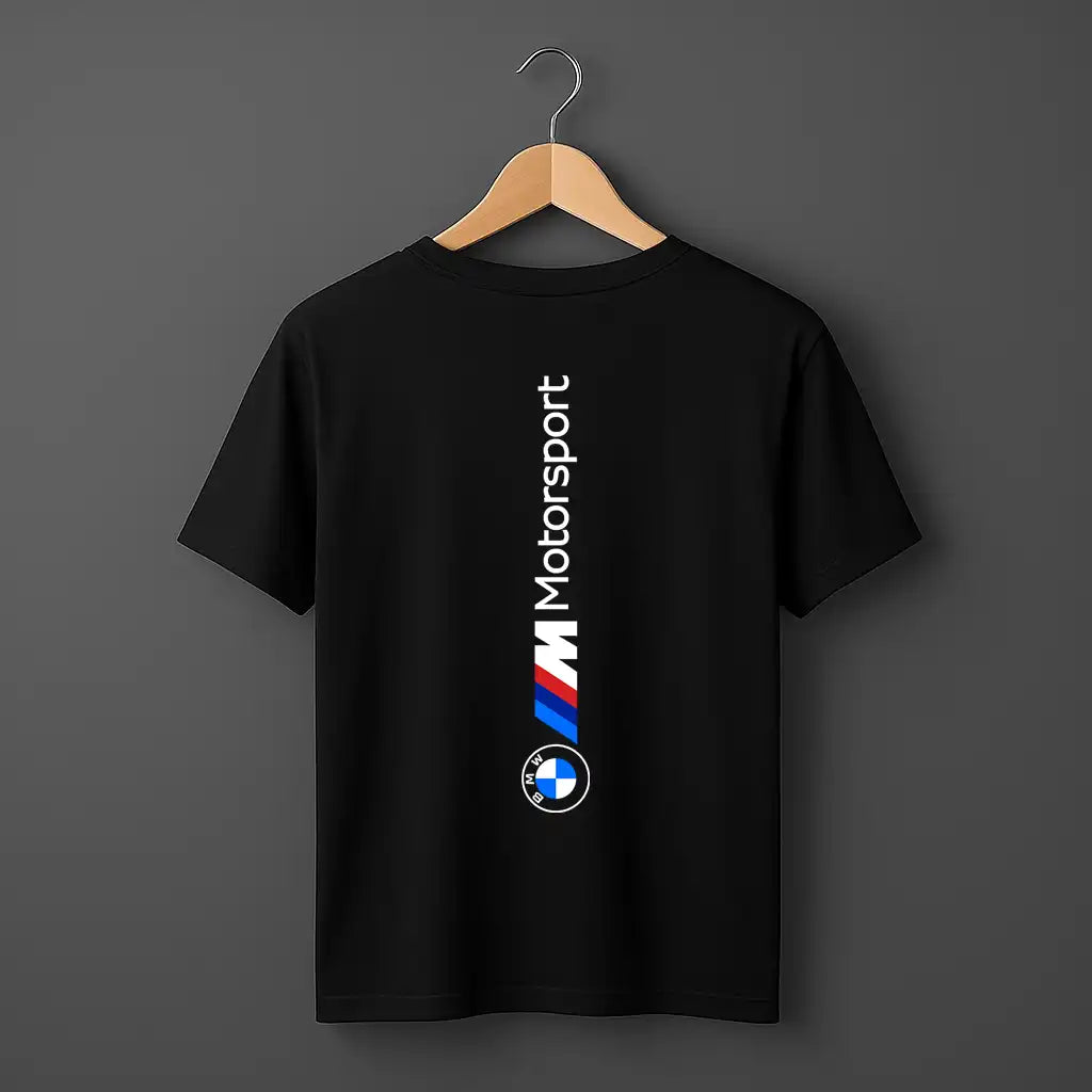 BMW M Motorsport vertical design on back of black t shirt